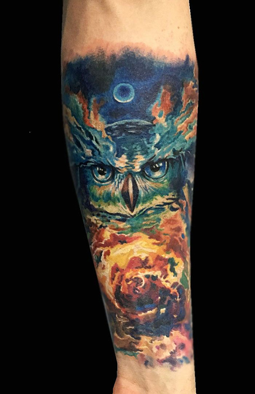 Татуировка филин на предплечье